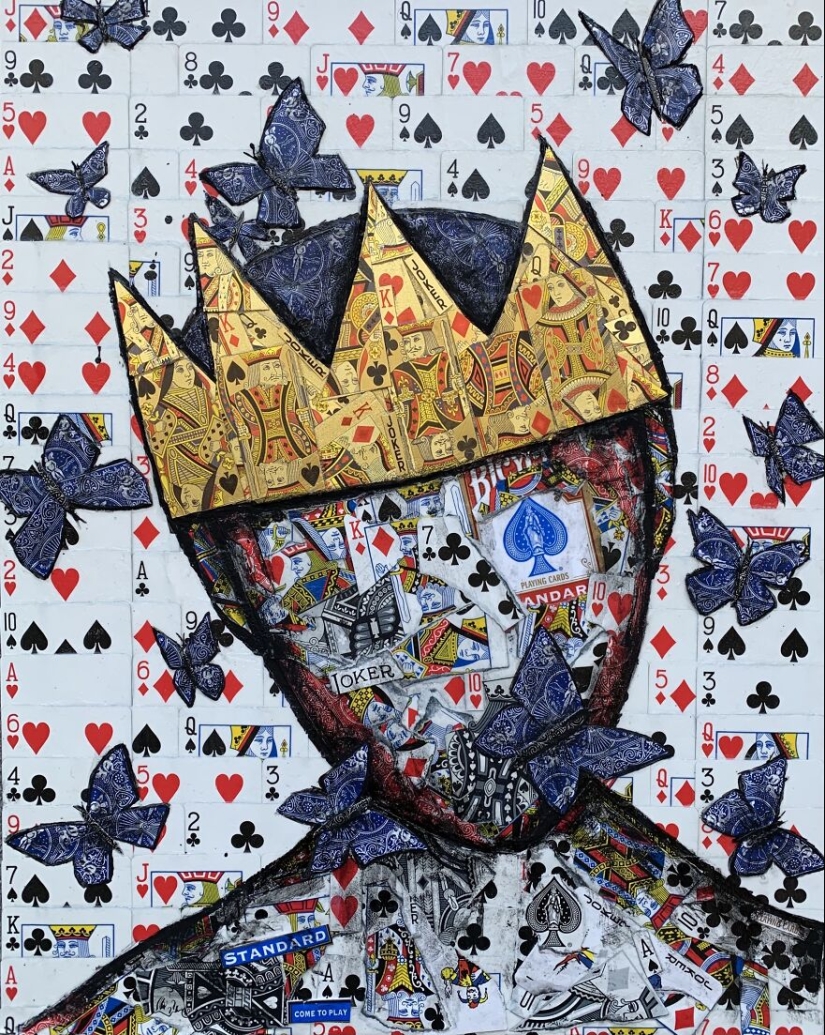 I Make Unique Collage Paintings By Using Only Playing Cards And Black Paint (18 Pics)