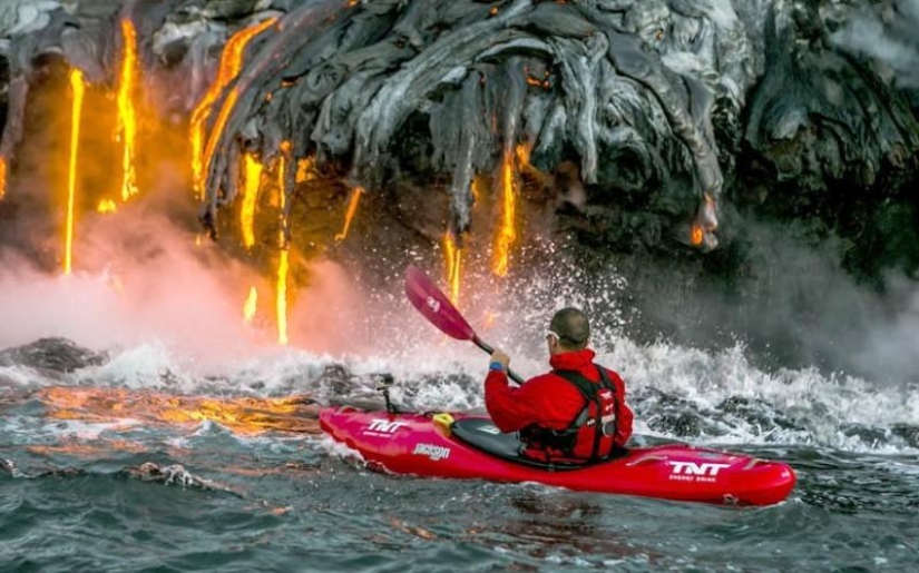 Kayaking next to lava