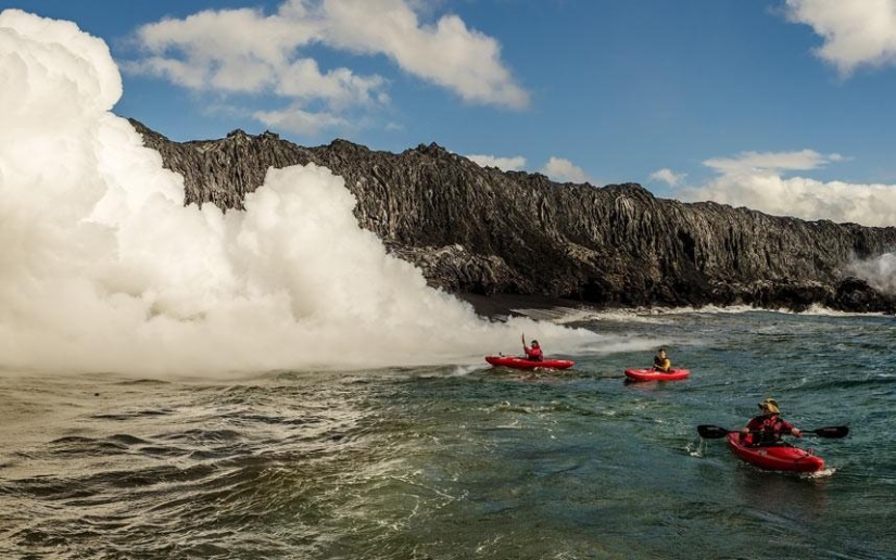 Kayaking next to lava