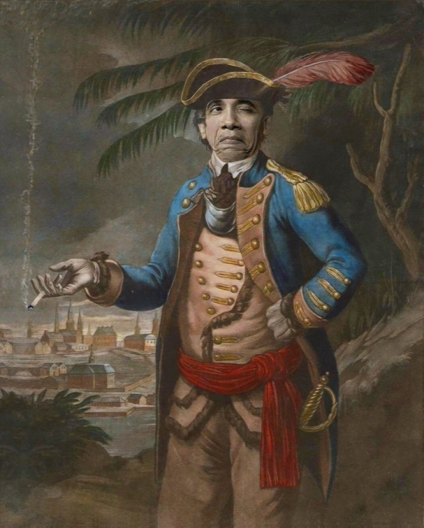 Putin with a pitchfork glued the villager Hillary