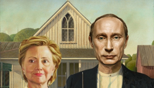 Putin with a pitchfork glued the villager Hillary