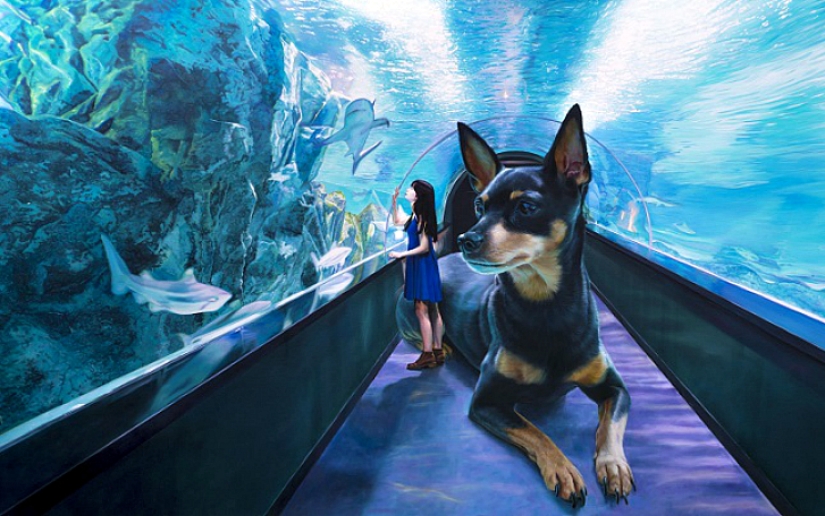 Realistic drawings of a giant dog and a cute Korean girl Realistic drawings of a giant dog and a cute Korean girl