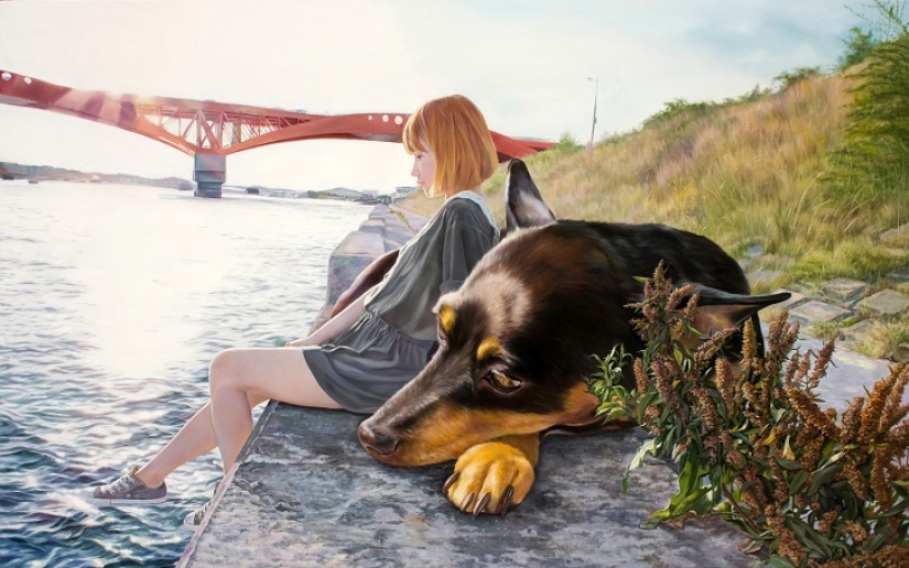 Realistic drawings of a giant dog and a cute Korean girl Realistic drawings of a giant dog and a cute Korean girl