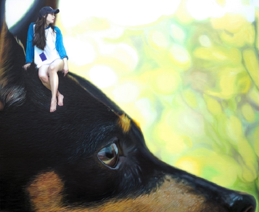 Realistic drawings of a giant dog and a cute Korean girl Realistic drawings of a giant dog and a cute Korean girl