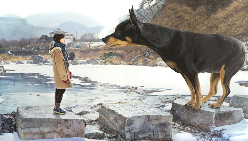Realistic drawings of a giant dog and a cute Korean girl Realistic drawings of a giant dog and a cute Korean girl