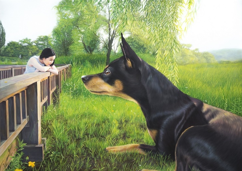 Realistic drawings of a giant dog and a cute Korean girl Realistic drawings of a giant dog and a cute Korean girl