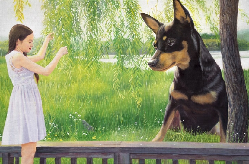 Realistic drawings of a giant dog and a cute Korean girl Realistic drawings of a giant dog and a cute Korean girl