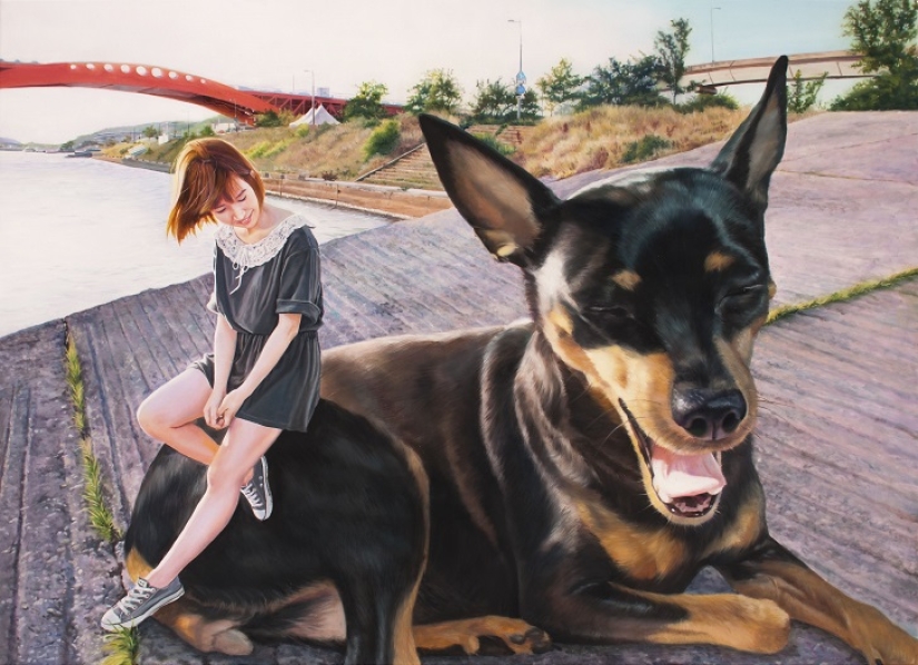 Realistic drawings of a giant dog and a cute Korean girl Realistic drawings of a giant dog and a cute Korean girl