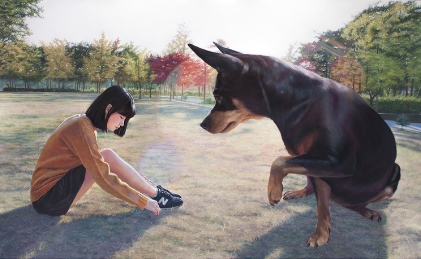 Realistic drawings of a giant dog and a cute Korean girl Realistic drawings of a giant dog and a cute Korean girl