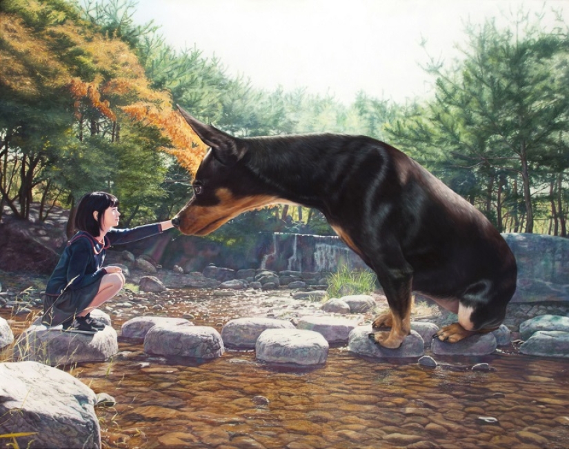 Realistic drawings of a giant dog and a cute Korean girl Realistic drawings of a giant dog and a cute Korean girl