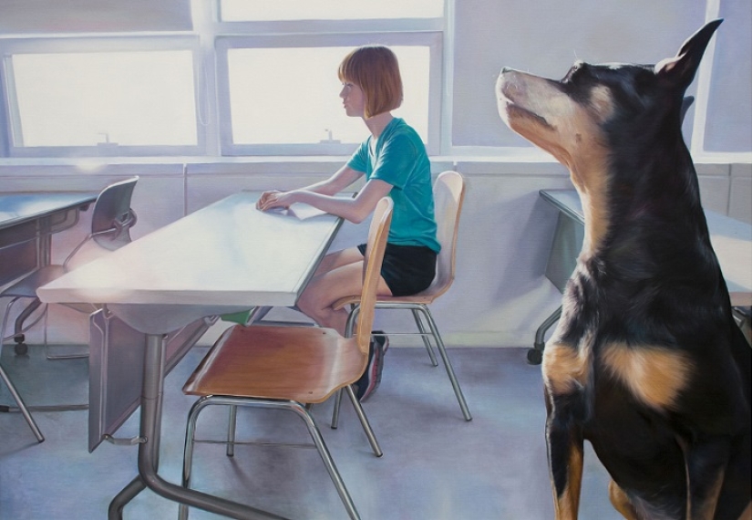 Realistic drawings of a giant dog and a cute Korean girl Realistic drawings of a giant dog and a cute Korean girl