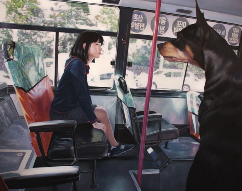 Realistic drawings of a giant dog and a cute Korean girl Realistic drawings of a giant dog and a cute Korean girl