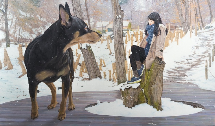 Realistic drawings of a giant dog and a cute Korean girl Realistic drawings of a giant dog and a cute Korean girl