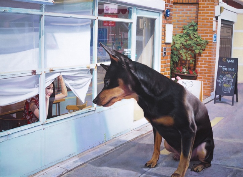 Realistic drawings of a giant dog and a cute Korean girl Realistic drawings of a giant dog and a cute Korean girl