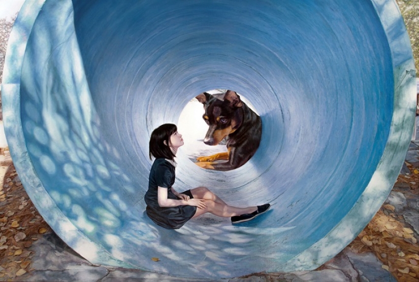 Realistic drawings of a giant dog and a cute Korean girl Realistic drawings of a giant dog and a cute Korean girl