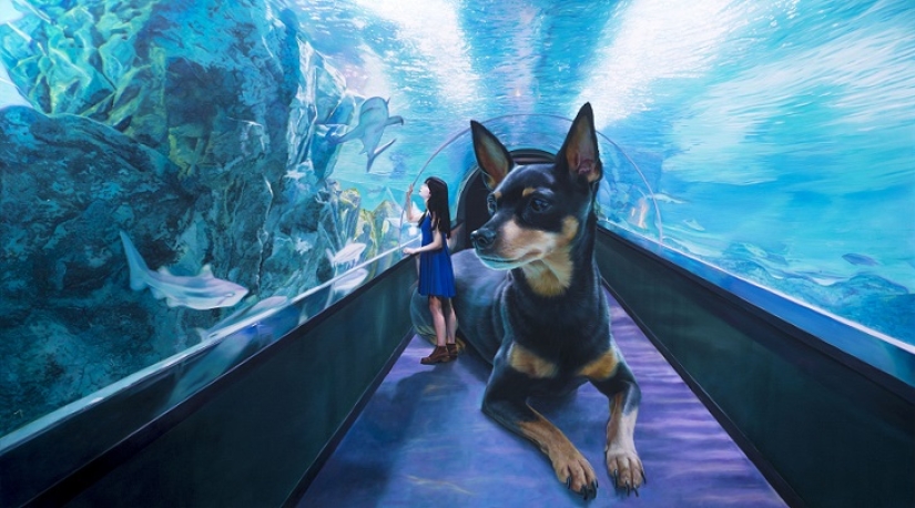 Realistic drawings of a giant dog and a cute Korean girl Realistic drawings of a giant dog and a cute Korean girl