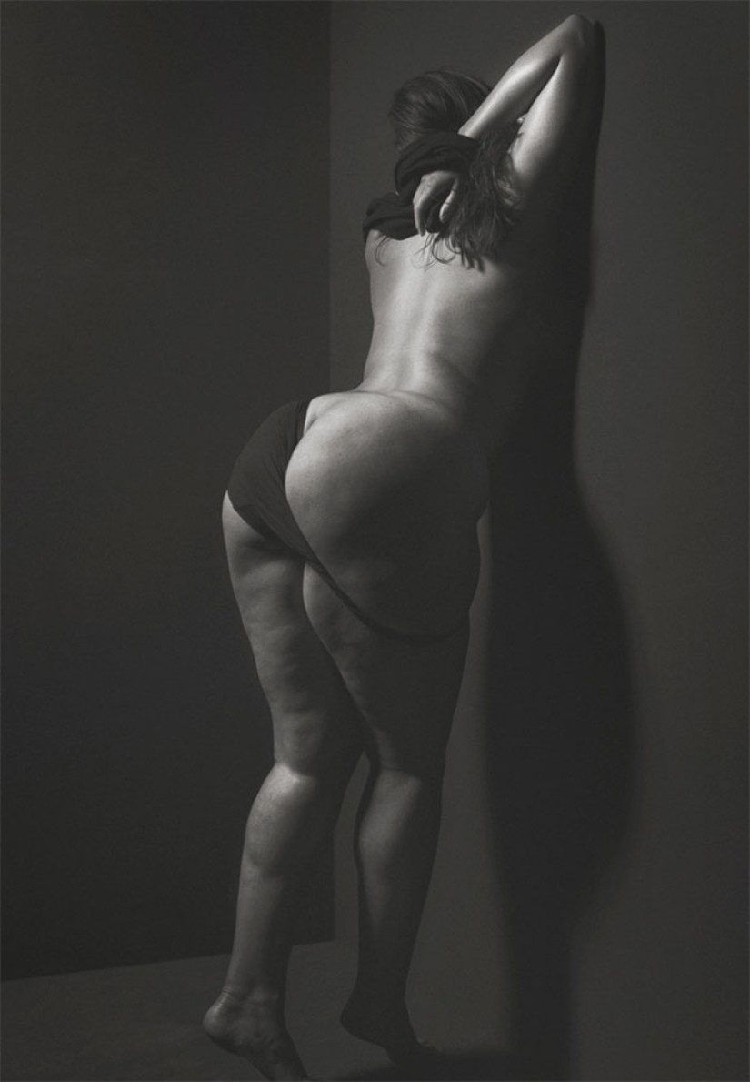 Sexuality in the body: candid black and white photo shoot of plus-size model Ashley Graham