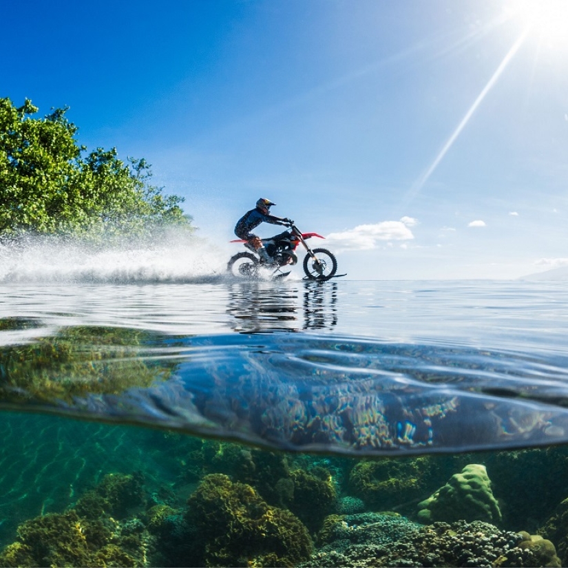Surfing legend: Robbie Maddison rides a wave on a motorcycle