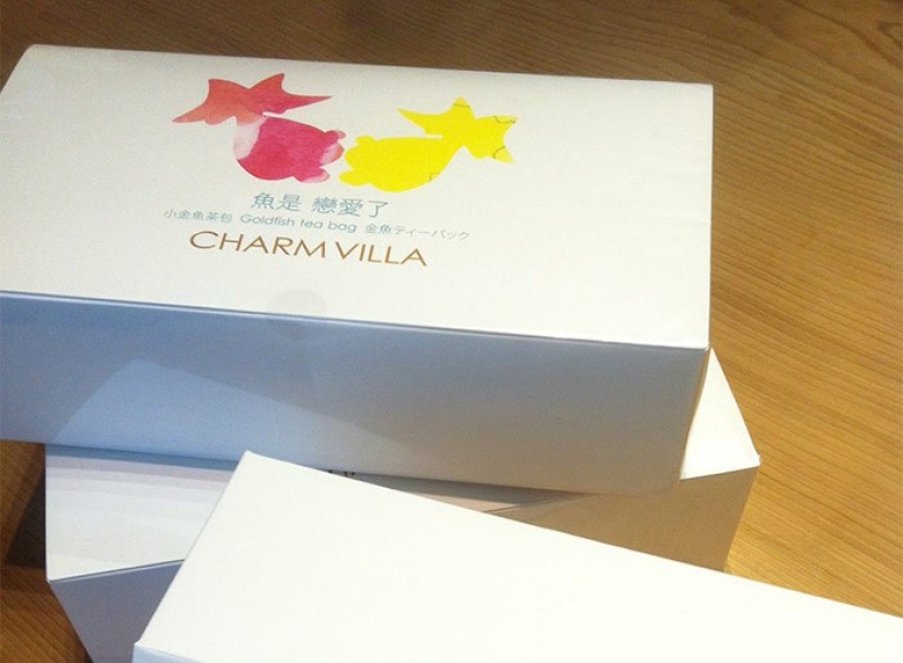 Tea bags that transform an ordinary cup into an aquarium with a goldfish