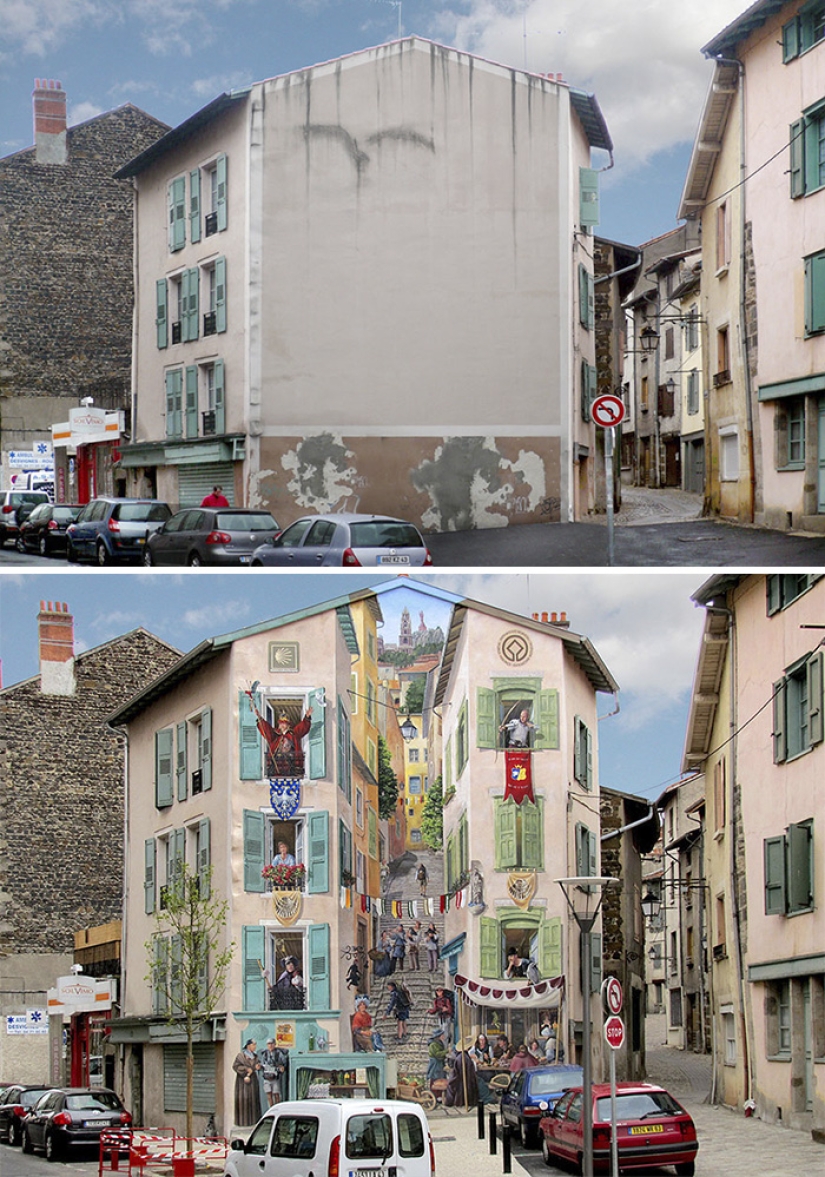 The artist turns boring facades into bright scenes full of life