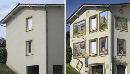 The artist turns boring facades into bright scenes full of life