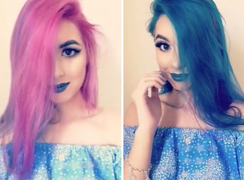 The Australian dyed her hair blue and pink at the same time and changes the color of her hair in a couple of seconds