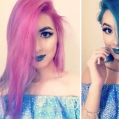 The Australian dyed her hair blue and pink at the same time and changes the color of her hair in a couple of seconds The Australian dyed her hair blue and pink at the same time and changes the color of her hair in a couple of seconds