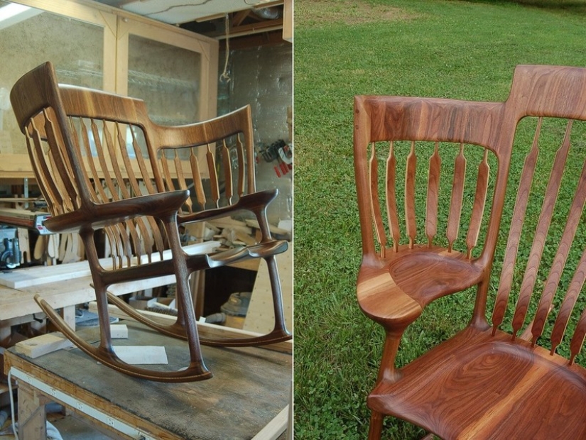 The father created a triple rocking chair to read fairy tales to his children The father created a triple rocking chair to read fairy tales to his children