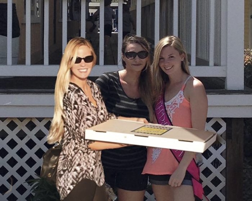 The girl couldn't go to the beach with her friends, so she put herself in their photo