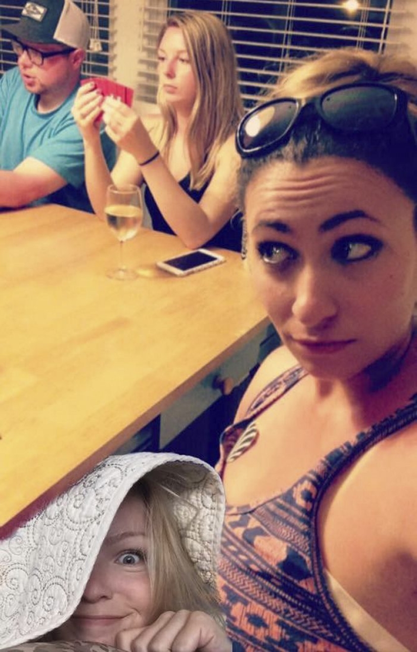 The girl couldn't go to the beach with her friends, so she put herself in their photo