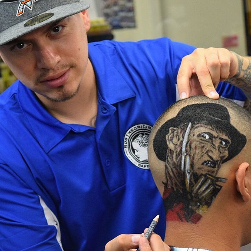 The hairdresser creates three-dimensional portraits of clients' hair