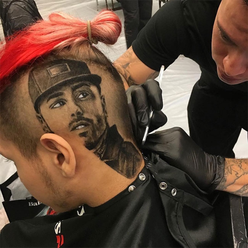 The hairdresser creates three-dimensional portraits of clients' hair