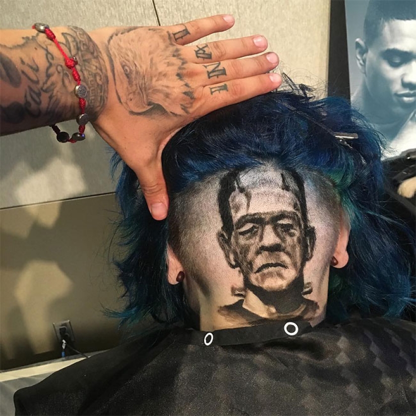 The hairdresser creates three-dimensional portraits of clients' hair