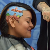 The hairdresser creates three-dimensional portraits of clients' hair