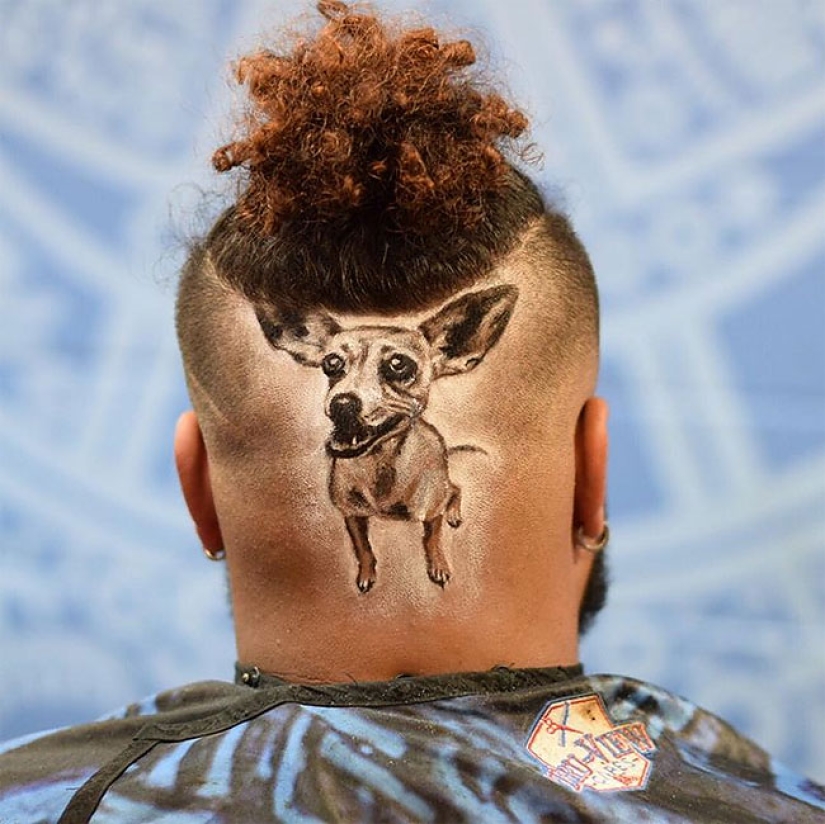 The hairdresser creates three-dimensional portraits of clients' hair