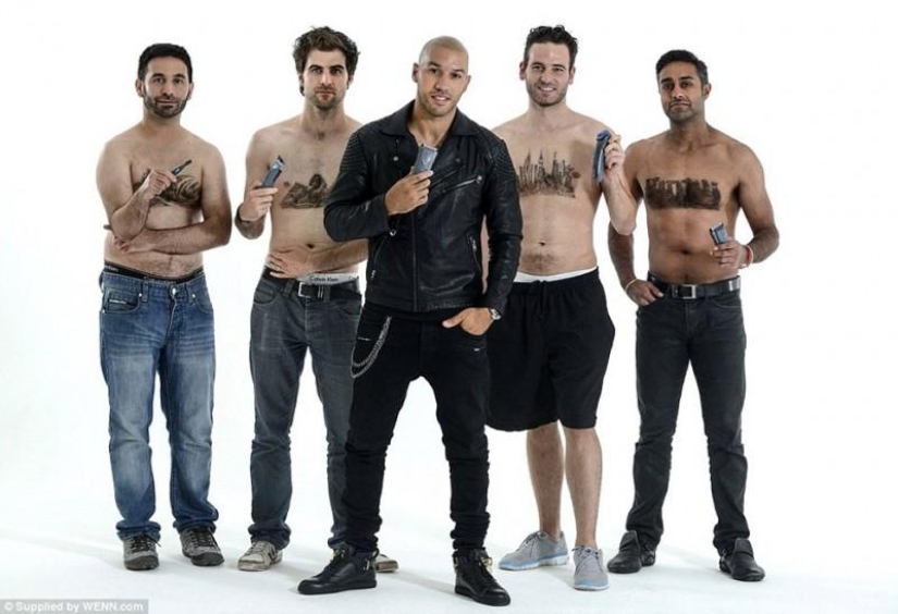 The stylist shaves the world&#39;s landmarks from the hair on the male chest