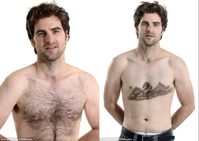 The stylist shaves the world&#39;s landmarks from the hair on the male chest