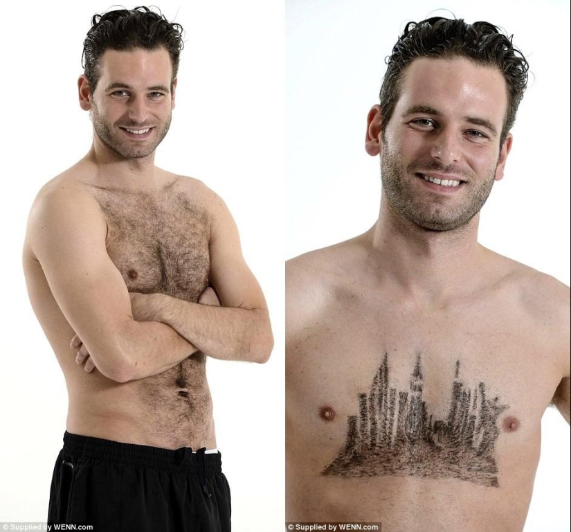 The stylist shaves the world&#39;s landmarks from the hair on the male chest