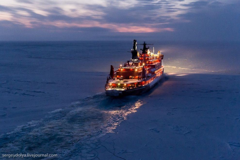 Unique photos of the icebreaker from the air at the Pole during the polar night Unique photos of the icebreaker from the air at the Pole during the polar night