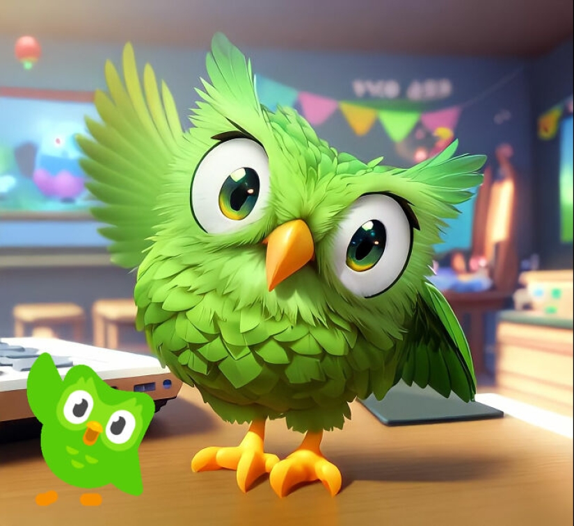Volví a imaginar al elenco de la aplicación de aprendizaje de idiomas Duolingo como si fueran parte del universo de Pixar (11 fotos)