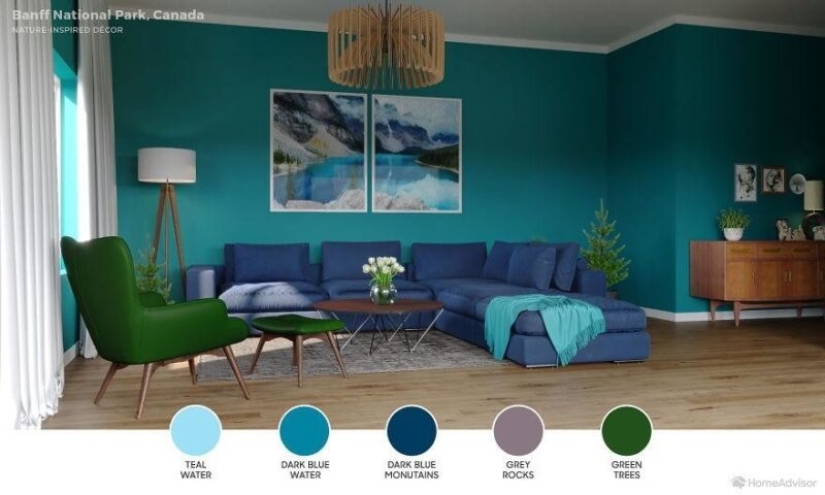 6 interior de una sala de estar, creado por los motivos de los lugares más bellos del planeta