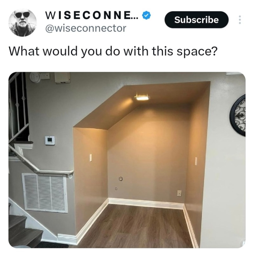 Account On Twitter Asked What To Do With A Space Under The Stairs, And The Internet Delivered Account On Twitter Asked What To Do With A Space Under The Stairs, And The Internet Delivered