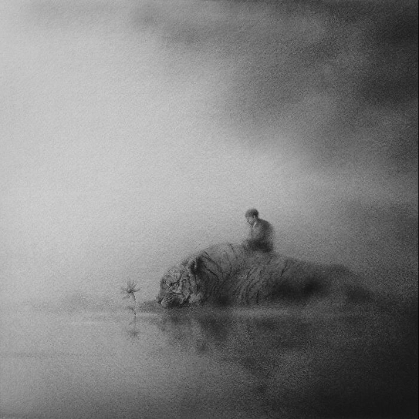 Artista crea pinturas en blanco y negro que reflejan el vínculo entre los humanos, la naturaleza y los animales