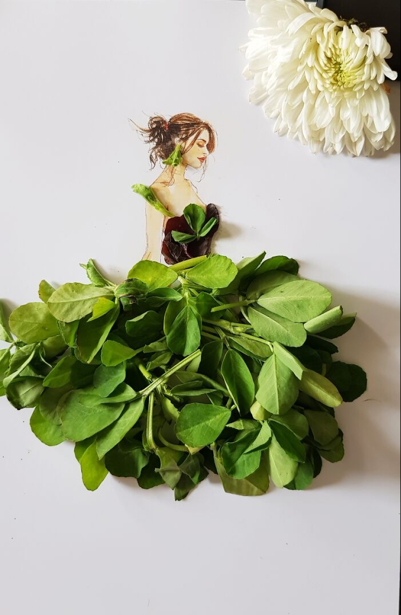 Creé vestidos únicos usando legumbres, frutas y verduras.
