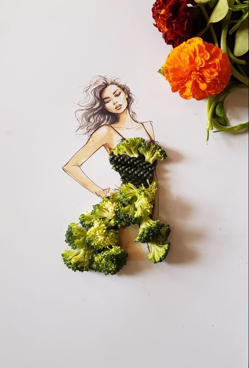 Creé vestidos únicos usando legumbres, frutas y verduras.