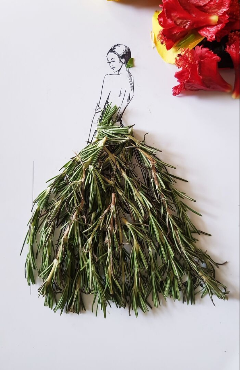 Creé vestidos únicos usando legumbres, frutas y verduras.