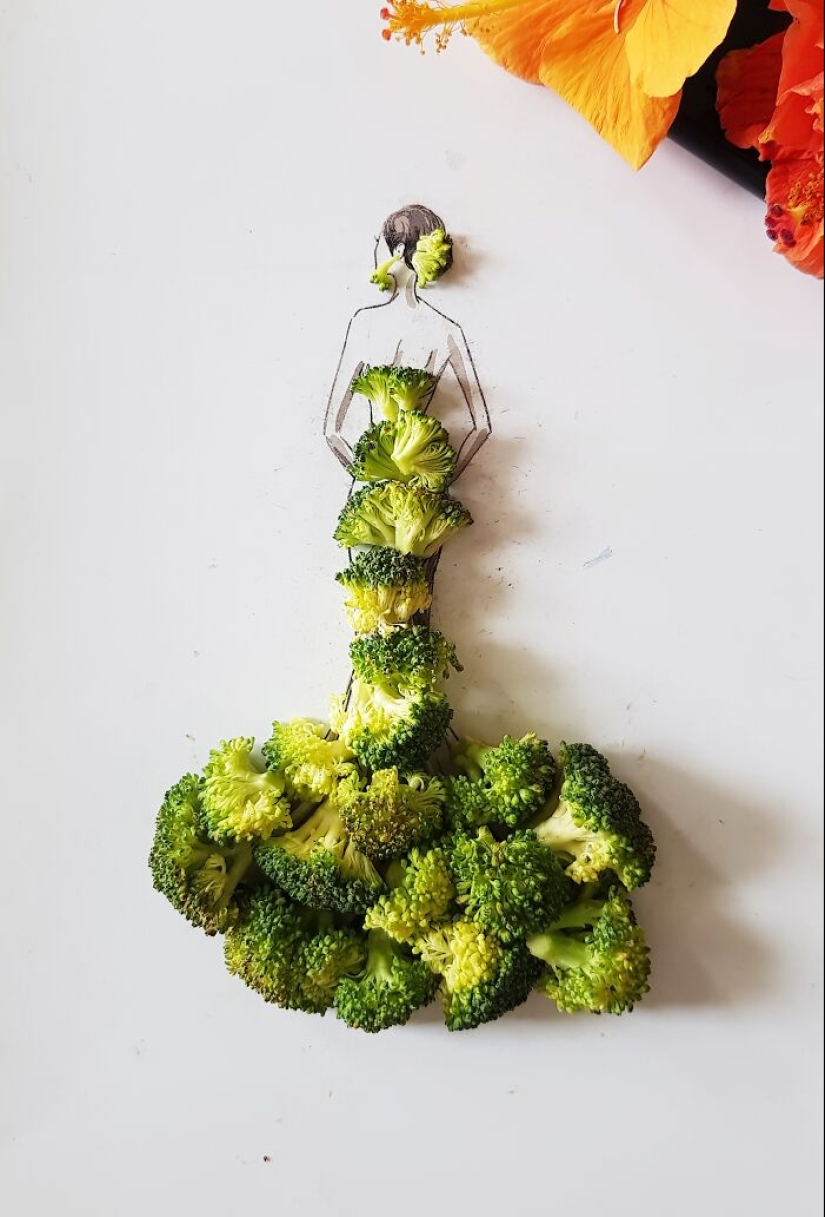 Creé vestidos únicos usando legumbres, frutas y verduras.