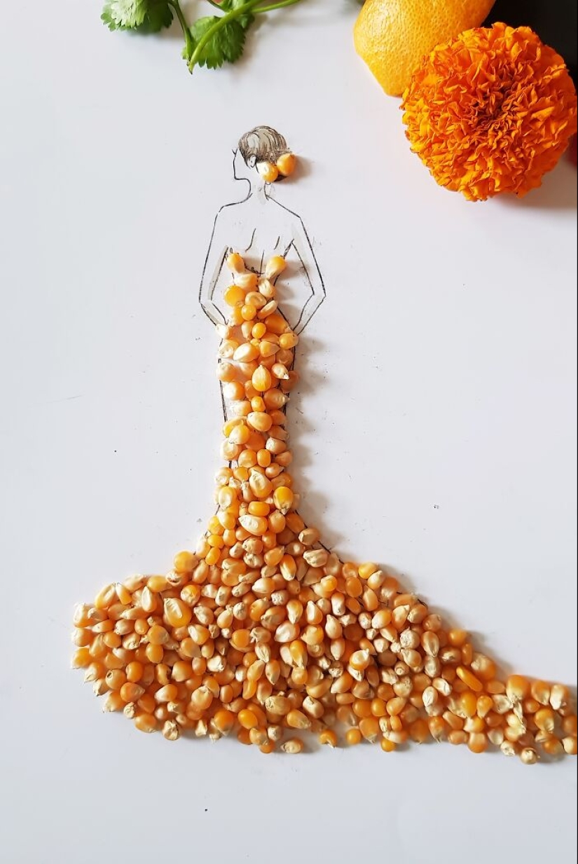 Creé vestidos únicos usando legumbres, frutas y verduras.