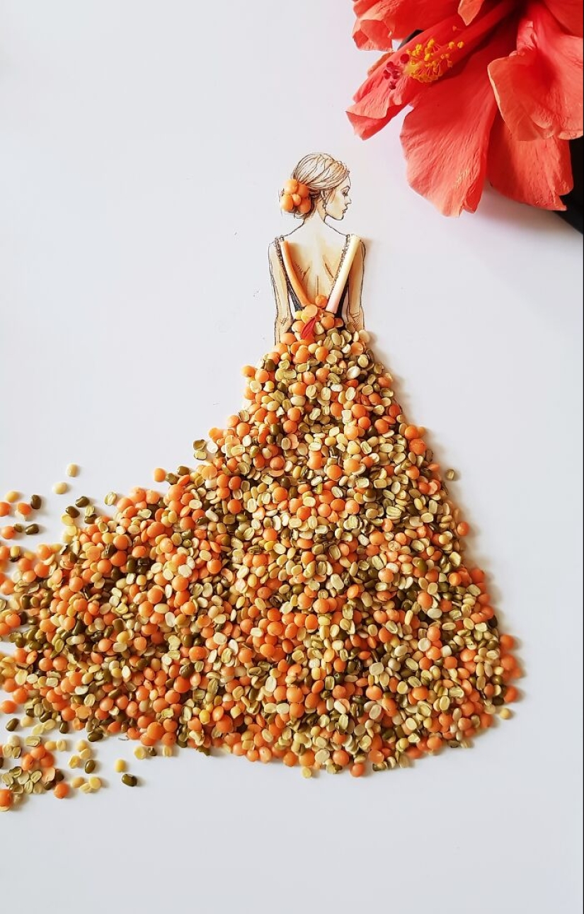 Creé vestidos únicos usando legumbres, frutas y verduras.
