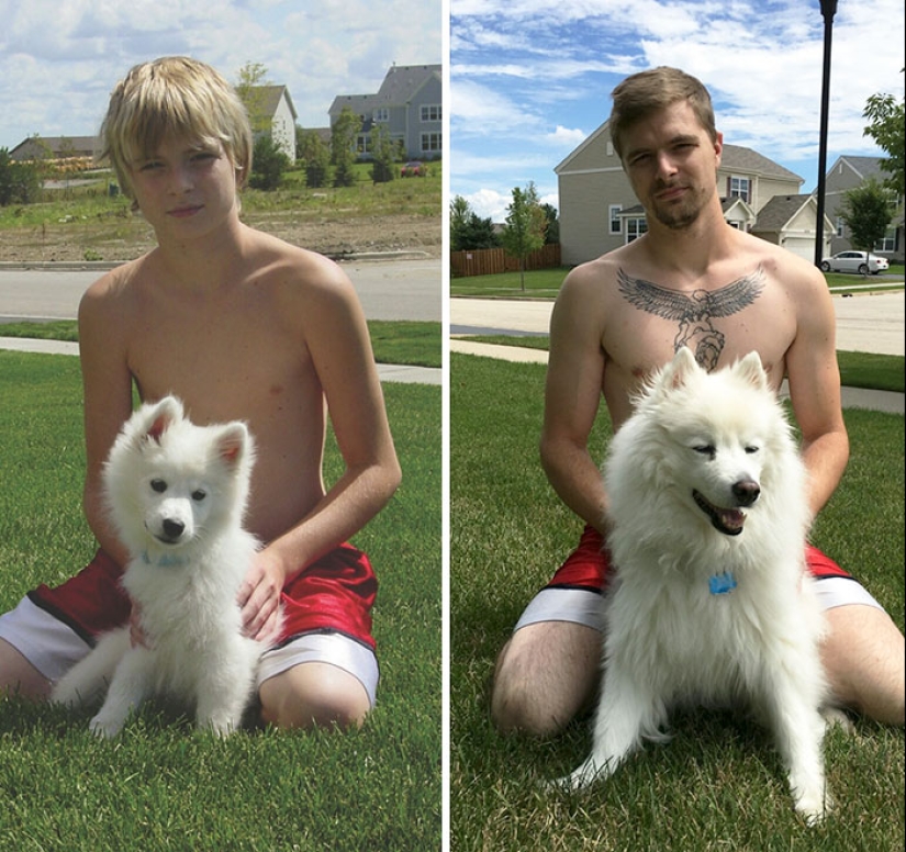 Grown up together: Dogs and their owners at the beginning of friendship and after many years
